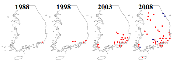 그림 1. 연도별 소나무재선충 확산 과정