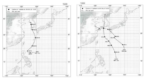 그림 31. Routes of two typhoons named as “Neil” and “Olga” during the summer of 1999, which landed on Korean Peninsula from Okinawa islands