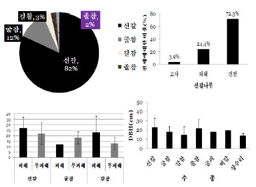 그림 40. 참나무 시들음병 신규 11개 고정조사지의 수종 구성(위 왼쪽), 신갈나무 고사율(위 오른쪽), 수종별 직경급(아래)