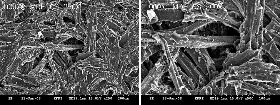 미탄화 MDF 및 온도별로 제조된 탄화 MDF의 표층 사진