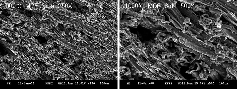 미탄화 MDF 및 온도별로 제조된 탄화 MDF의 측면층 사진