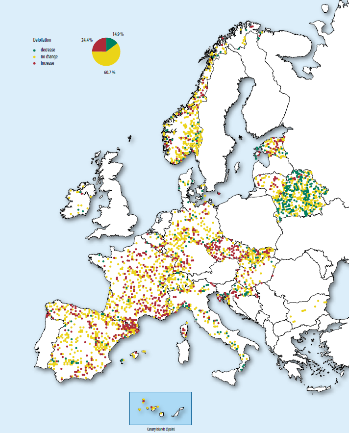 1998~2009년간 유럽 산림지역의 낙엽률 분포도