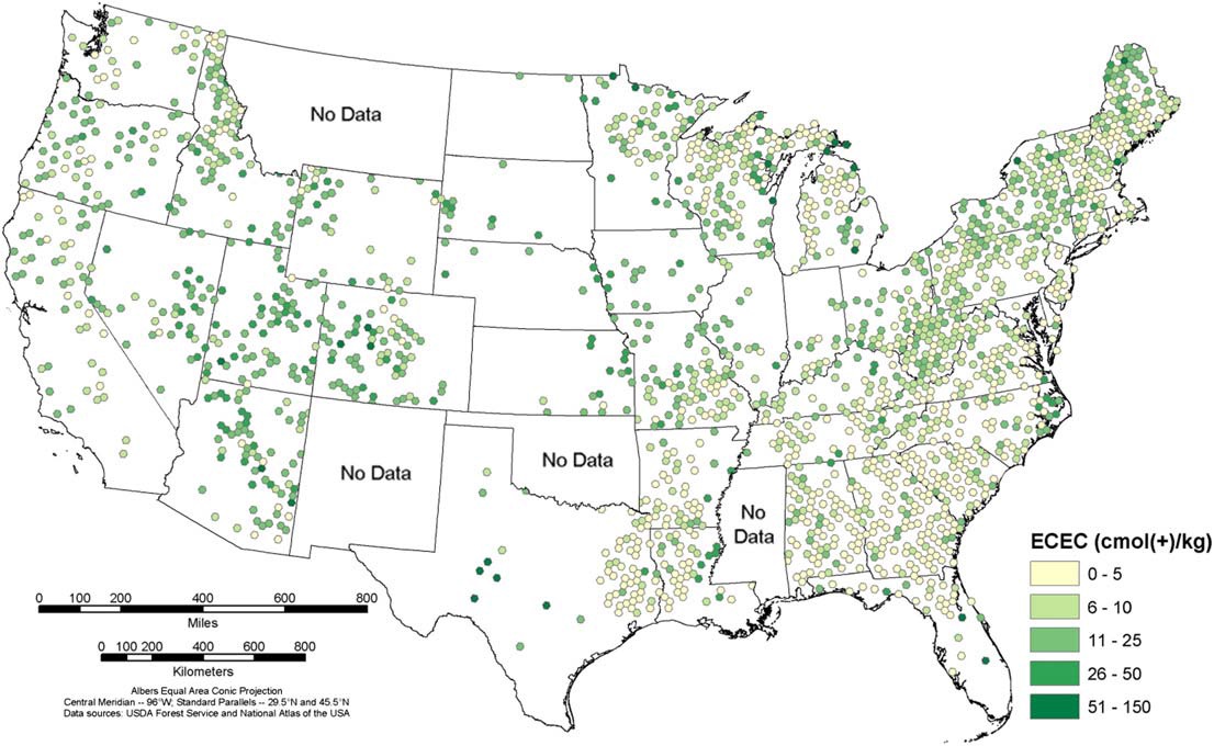 미국의 토양 pH 분포(2001~2003년, NADP)