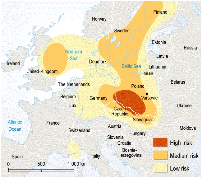 1990년대 초 유럽지역의 산성비 위험도