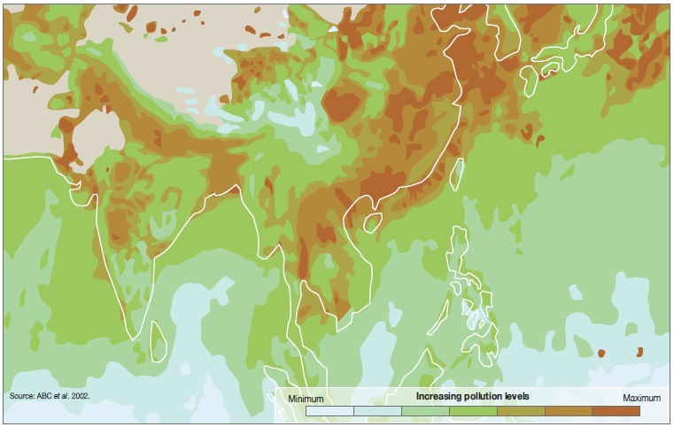 아시아 지역의 대기오염도 증가율(2002)