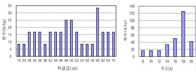 경남 하동군 송림(비휴식년)의 직경급 및 수고급 분포
