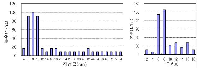 경남 함양군 상림의 직경급 및 수고급 분포