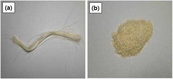 (a) 멕시코산 헤네켄 섬유(fiber) 및 (b) 절단 후 형상