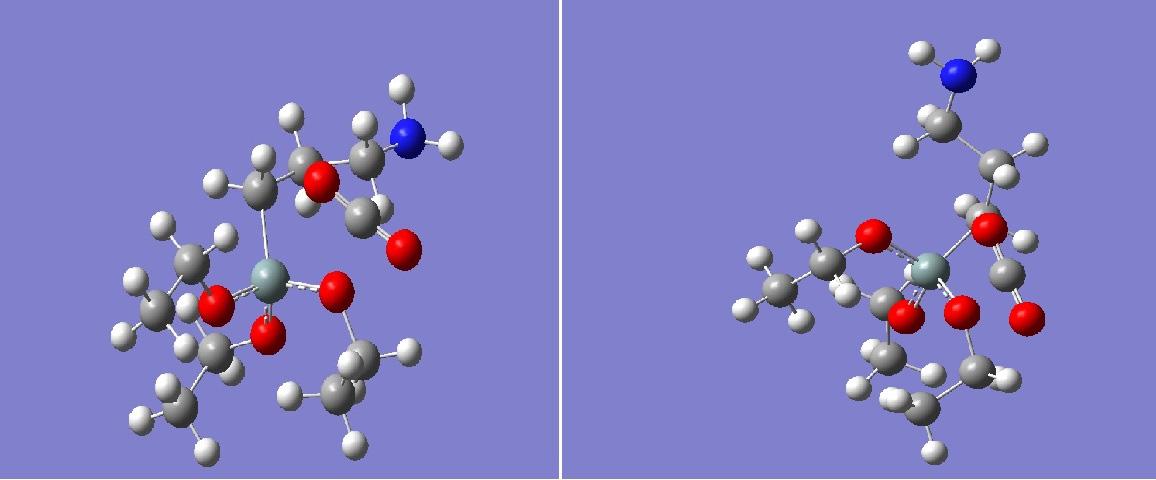 (a)질소를 CO2 방향으로 배열한 aminopropyltriethoxysilane의 초기구조로 시작한 CO2결합체의 DFT 3-21G level 최적화구조. (b)질소를 CO2 반대방향으로 배열한 aminopropyltriethoxysilane의 초기구조로 시작한 CO2결합체의 DFT 3-21G level 최적화구조