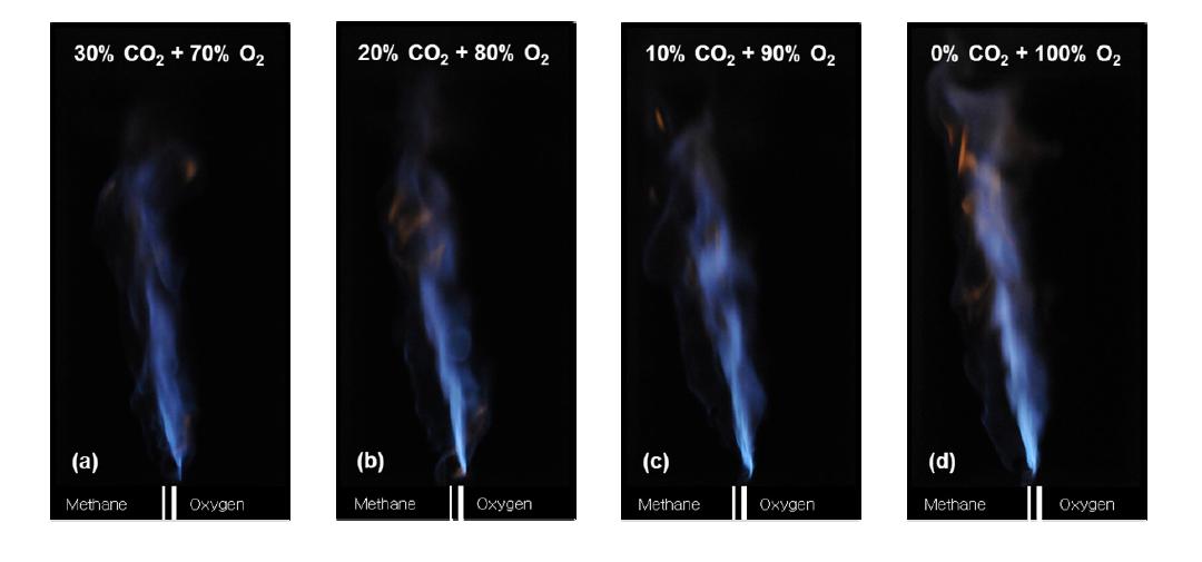 슬롯 연소기를 장착한 실험용 연소로에서 산소에 이산화탄소 첨가량을 변화하였을 때 가시화염 사진; (a) Case 1, (b) Case 2, (c) Case 3, and (d) Case 4