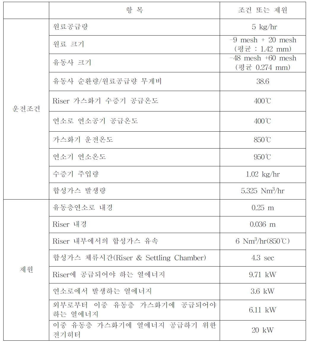 설계된 이중 유동층 가스화 장치의 운전조건 및 제원