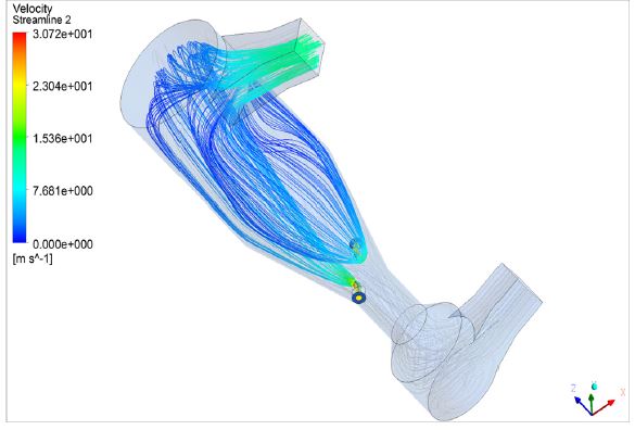 주입 노즐 45° bend 300 A, 675 mm long (Velocity distribution pattern)