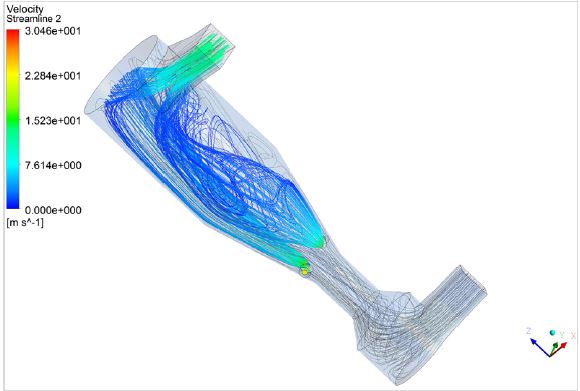 주입 노즐 45° bend 300 A, 475 mm long (Velocity distribution pattern)