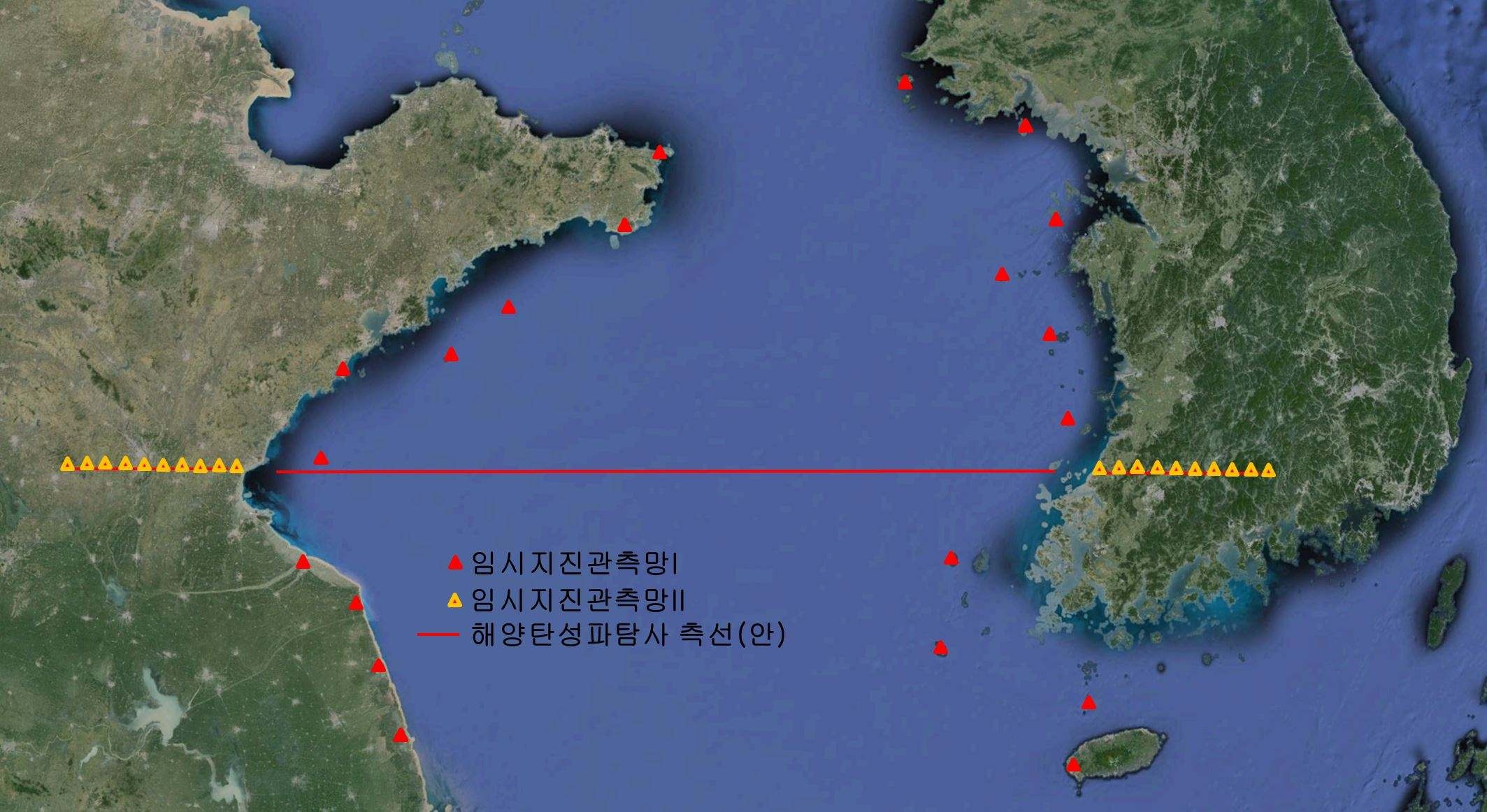 한중 국제공동 임시지진관측망I, 임시지진관측망II 관측소 설치 위치 및 해양 심부탄성파탐사 측선(안).