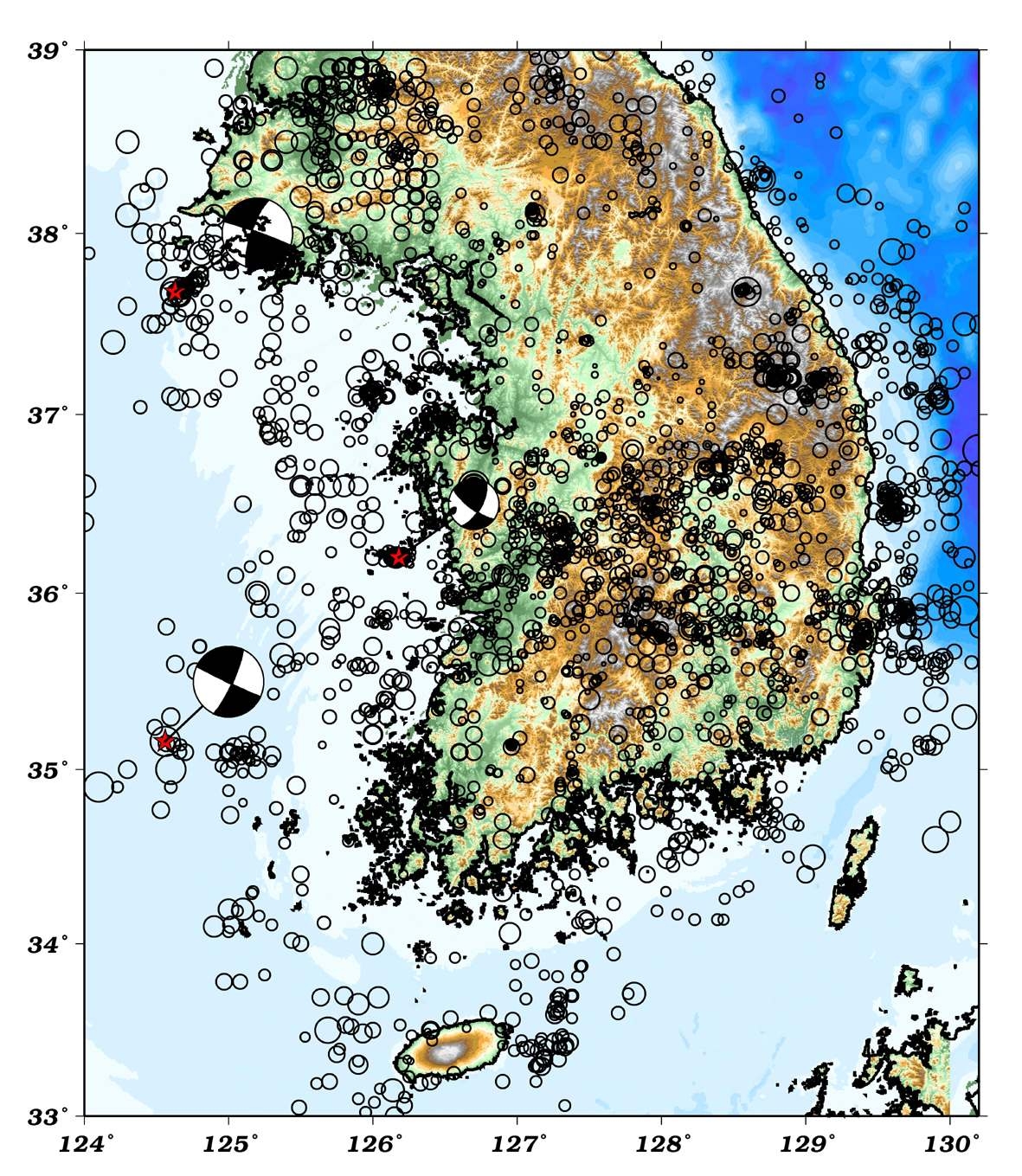 Distribution of earthquakes recorded recently in and around the Korean Peninsula.