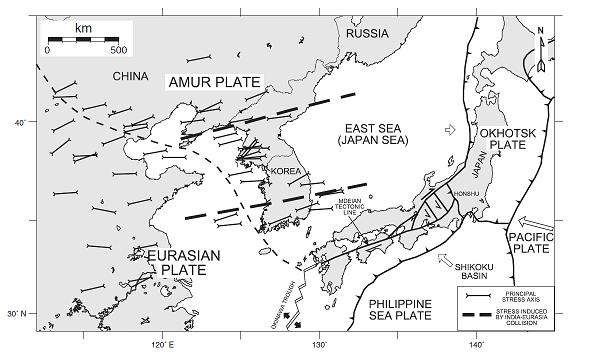 Present-day stress field in East Asia, based on the focal mechanism solution of recent earthquakes, showing a strong eastward component