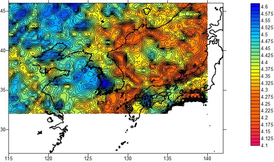 Distribution of s-wave velocity (Vs) at 70 km depth computed from ambient noise tomography