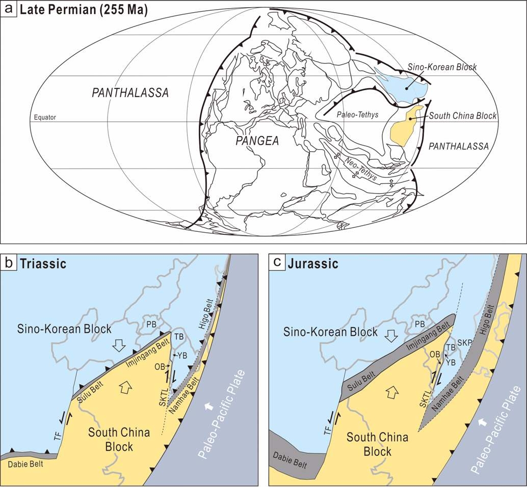 (a) Paleogeography of the Late Permian. (b) Tectonic reconstruction of the Sino-Korean and South China blocks in the Triassic. (c) Tectonic reconstruction in the Jurassic.