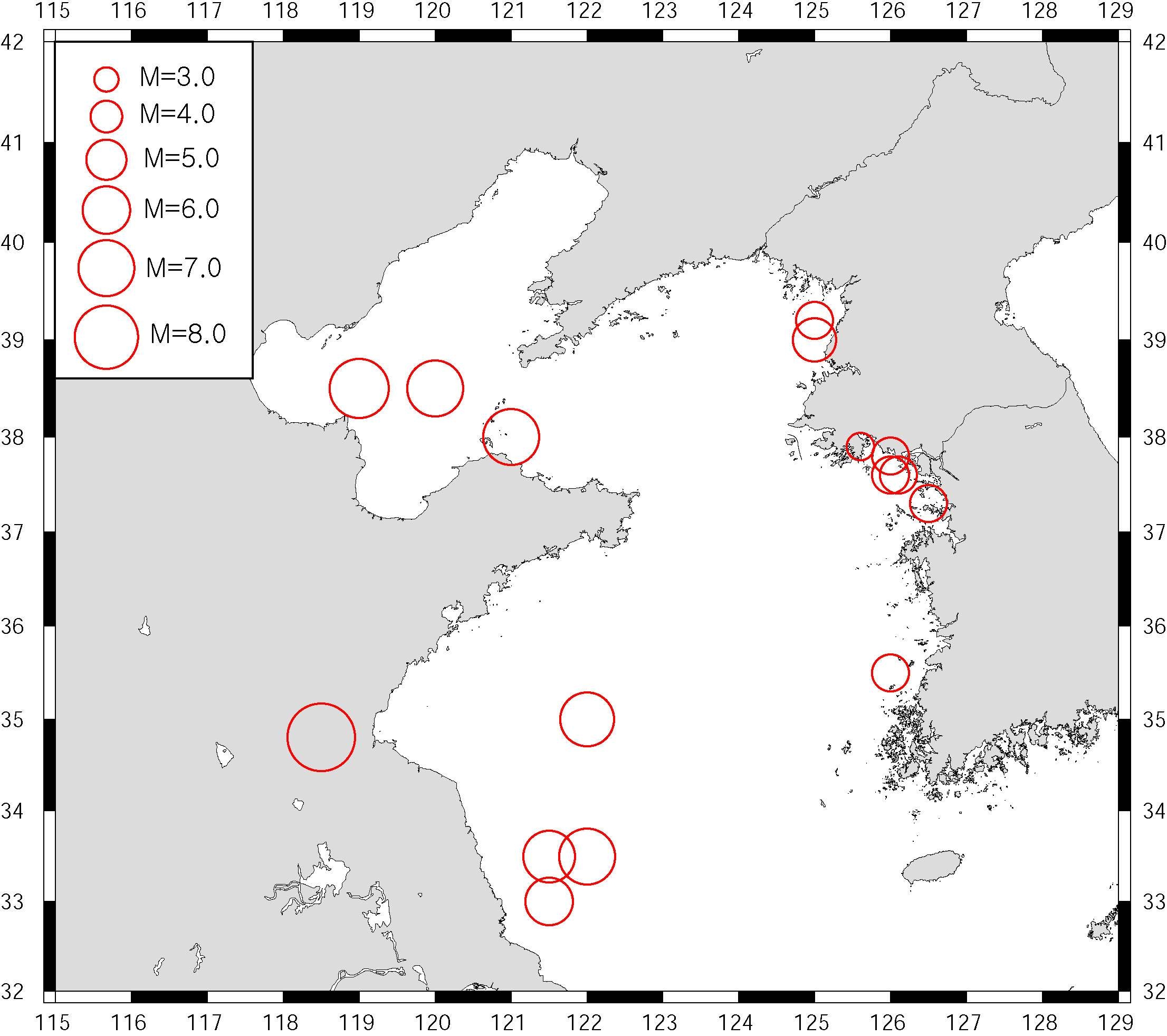 Locations of epicenters of the historical earthquakes that are inferred to have occurred in the Yellow Sea.