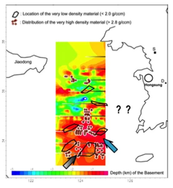 Depth distribution of basement and locations of very high and low density bodies.