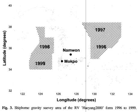 Shipborne gravity survey area on the R/V Haeyang 2000 from 1996 to 1999.
