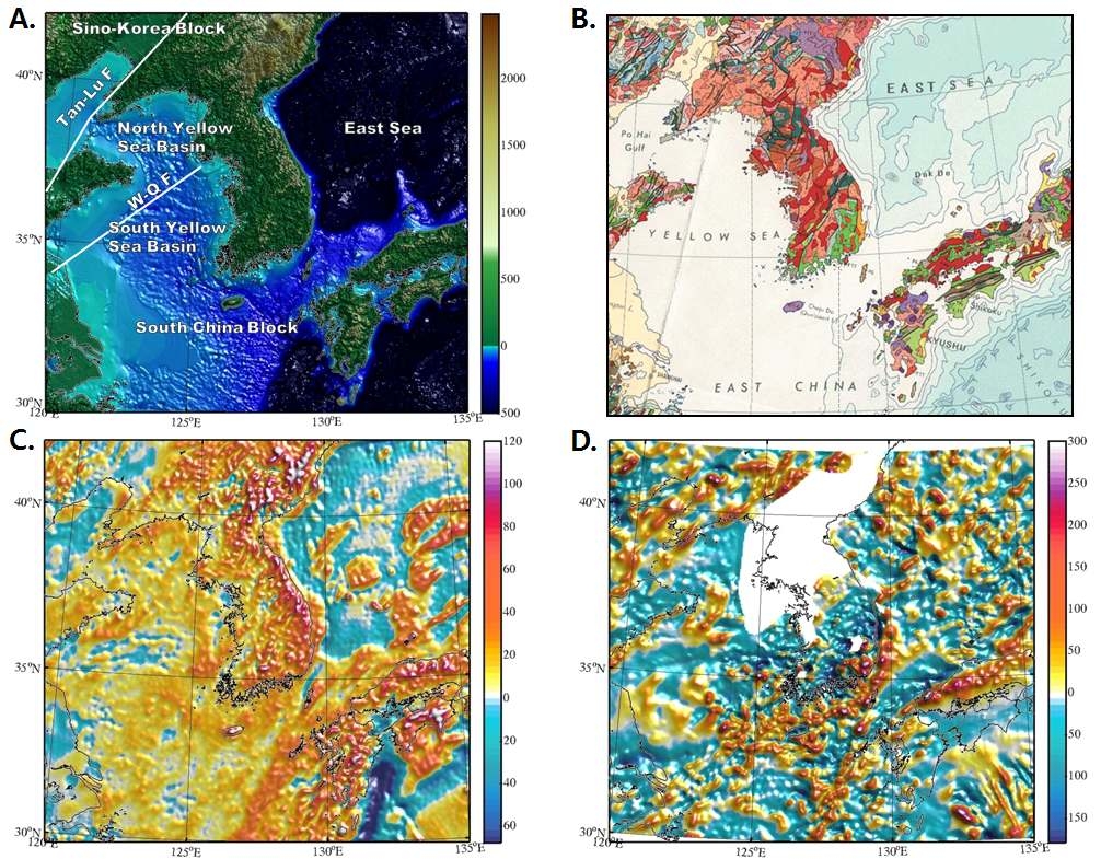 (a) Topography and bathymetry of Yellow Sea and its neighboring areas from ETOPO1. Unit is meters. (b) Geologic map of Southeast Asia from Geological Atlas of the World (1984) by UNESCO/CGMW. (c) Free-air gravity at the surface from the spherical harmonics up to 2190 for degree and 2159 for order (2.5 arc-minute interval) to represent the Earth’s gravitational model. Unit is mGal. (d) Total magnetic intensities at 4 km from EMAG2 compilations by NOAA. Unit is nT.
