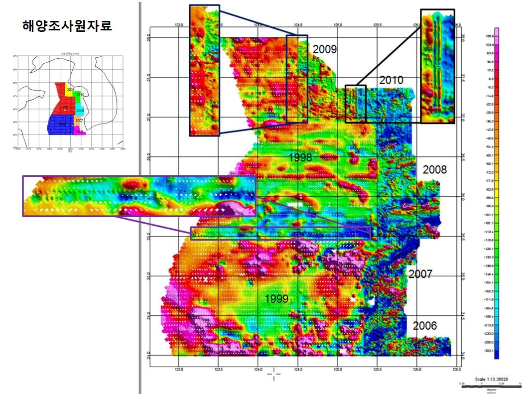 Magnetic anomaly map from the Korean Hydrogrpahic and Oceanographic Administration. Note discrepancies in the boundries of annual survey areas (강은영, 2012).