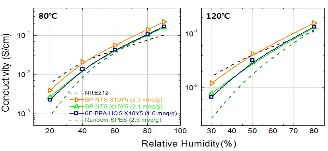 신규 멀티블록형 고분자의 80 ℃와 120 ℃에서의 이온전도도 습도의존성