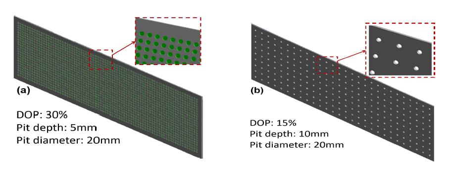 Two examples of unstiffened plates with different pit depths and DOPs