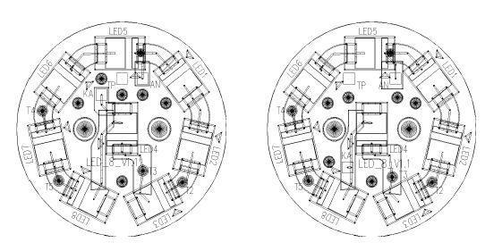 10W급 LED bulb lamp PCB layout (왼쪽: 버전1, 오른쪽: 버전2)