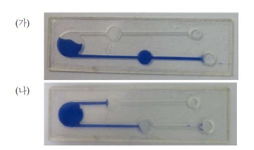 그림 9. 시료 주입 후(가)와 회전 후(나) PCR 칩 내부 시료 이동