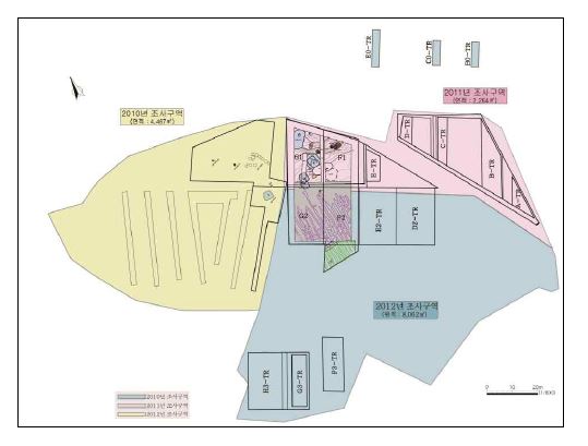 고성 문암리유적 발굴조사 유구 및 트렌치 배치도 (2010~2013년)