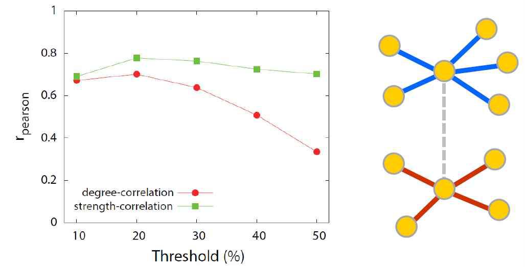 Functional brain network를 추출하기 위한 threshold에 대해 positive linkage-negative linkage (오른쪽 그림) 간의 correlation coefficient 값을 plot 하였다(왼쪽 그림).