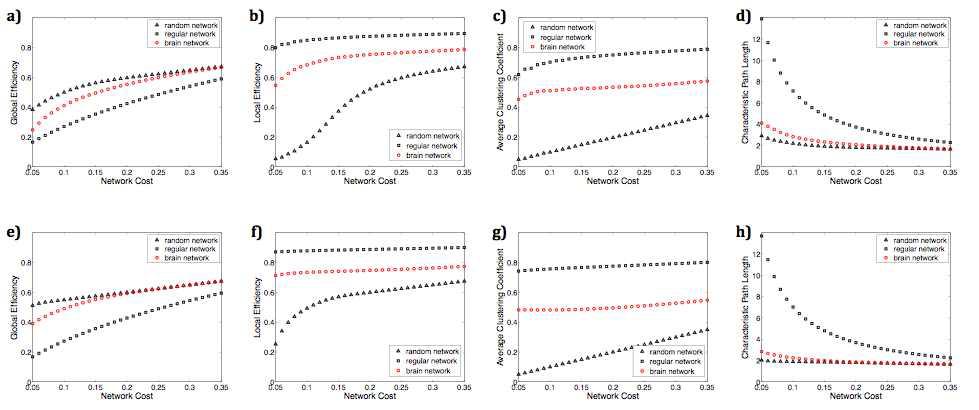 node size 및 network threshold value에 따른 network properties 변화: 100개 노드에 대한 global efficiency, local efficiency, average clustering coefficient, characteristic path length (a-d), 1000개 노드에 대한 network properties (e-h).