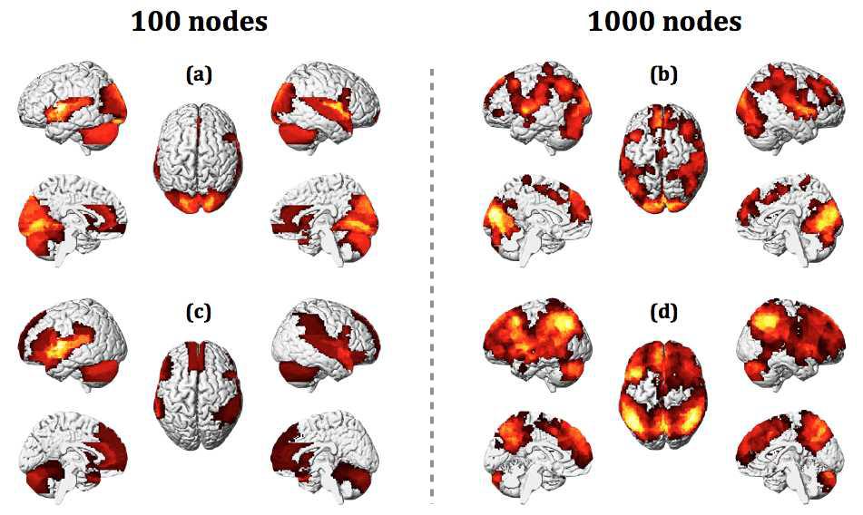 40명 피험자에 대한 weighted 기능 뇌 네트워크의 특성을 뇌에 mapping 결과 (유의수준 p50): 100개 노드로 구성된 뇌 네트워크에서의 degree strength (a) 및 average distance (c), 1000개 노드로 구성된 뇌 네트워크에서의 degree strength (b) 및 average distance (d).