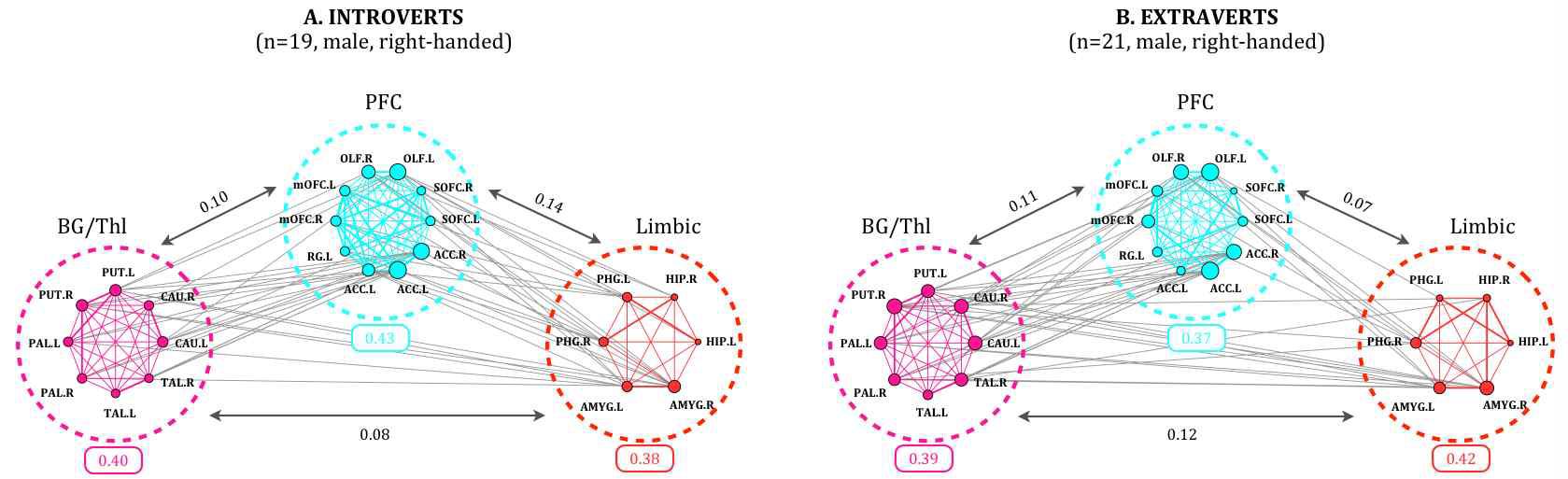 전전두엽, 기저핵/시상, 변연계로 이루어진 기능 뇌 네트워크의 연결성 밀도(functional connectivity density) 그래프.