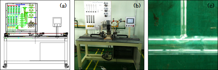 석영관 접합 장비 (a)개략도, (b)실제 장비, (c)접합된 석영관
