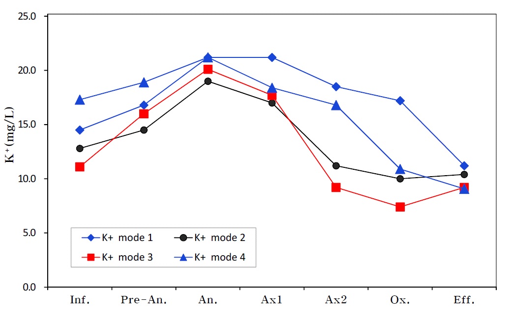 외부탄소원 주입 시 각 모드별 K+의 거동