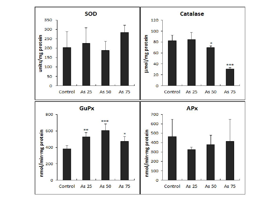 Effect of arsenic treatment on the activities of superoxide dismutase (SOD), catalase, guaiacol peroxidase (GuPx), and ascorbate peroxidase (APx) in Lemna paucicostata.