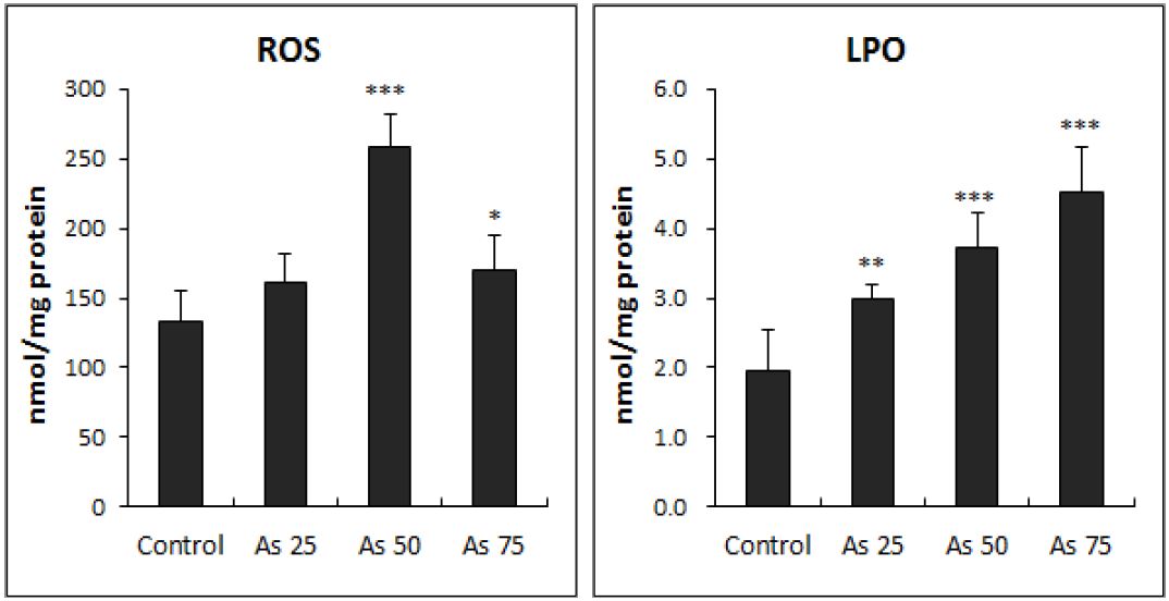 Effect of arsenic treatment on the levels of reactive oxygen species (ROS) generation and lipid peroxidation (LPO) in Lemna paucicostata.