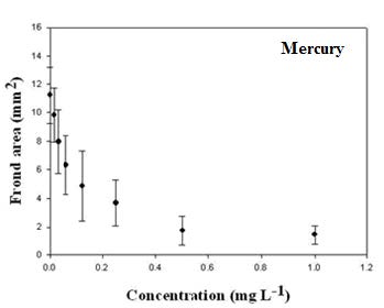 수은 (Hg, mercury) 농도 구배에 따른 잠아발아엽체면적 변화