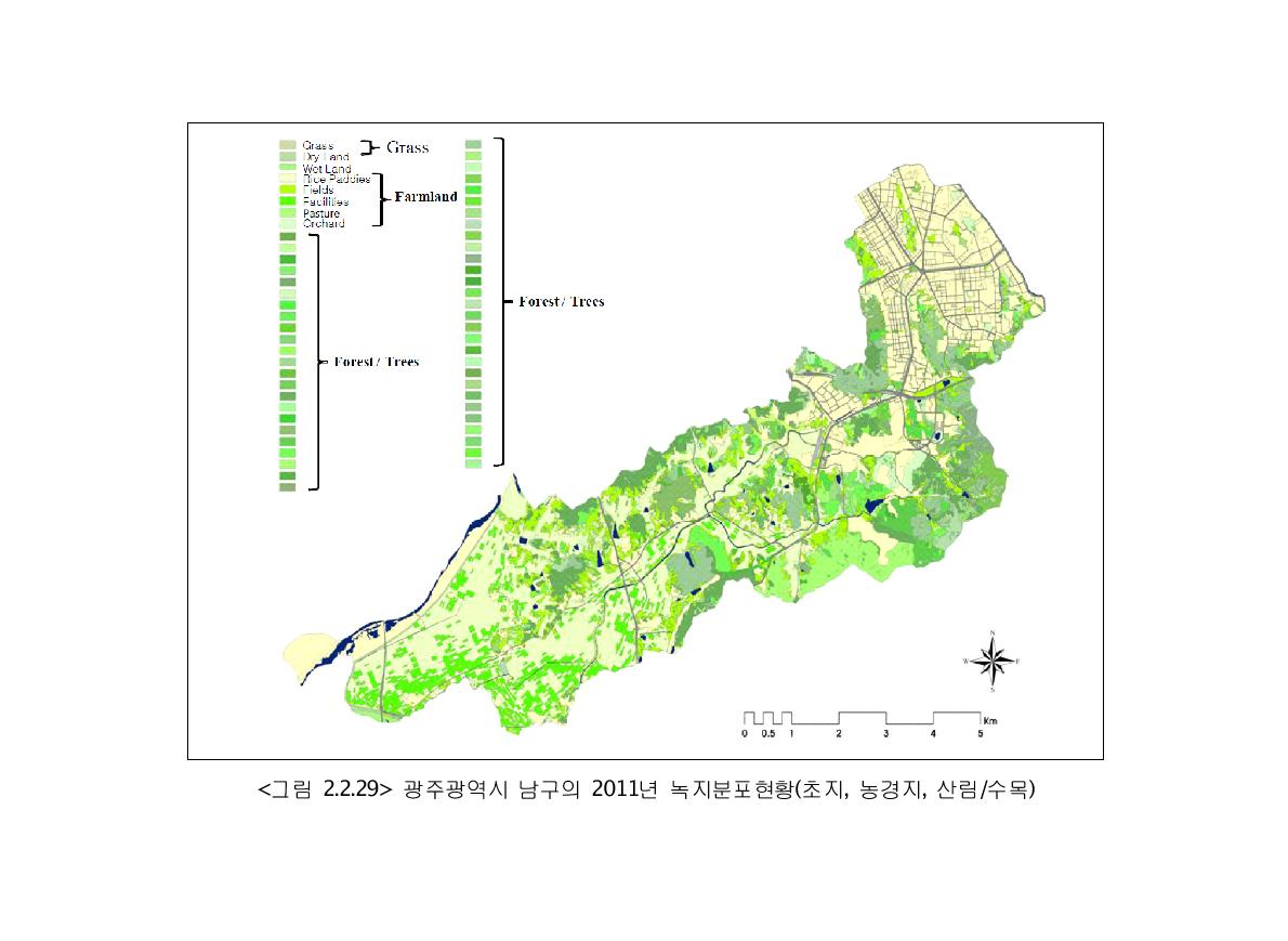 광주광역시 남구의 2011년 녹지분포현황(초지, 농경지, 산림/수목)