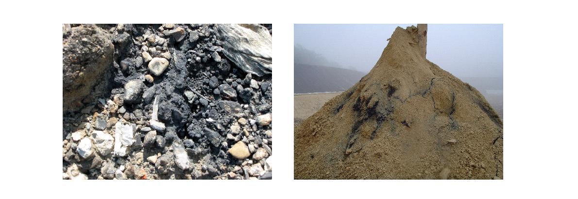 Crack이 발생한 복토면으로 매립가스가 누출되고 있는 사진(좌: D시, 우: C시)