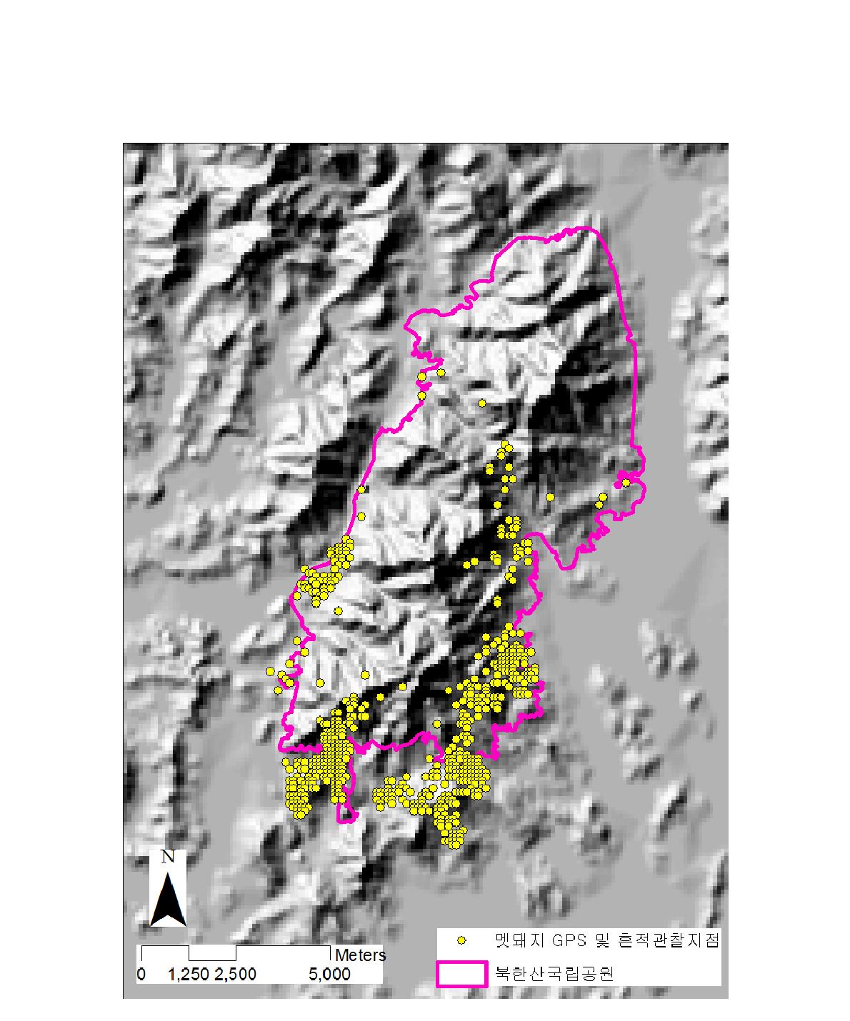 서식지 모델링을 위한 북한산의 GPS 및 흔적관찰 지점위치