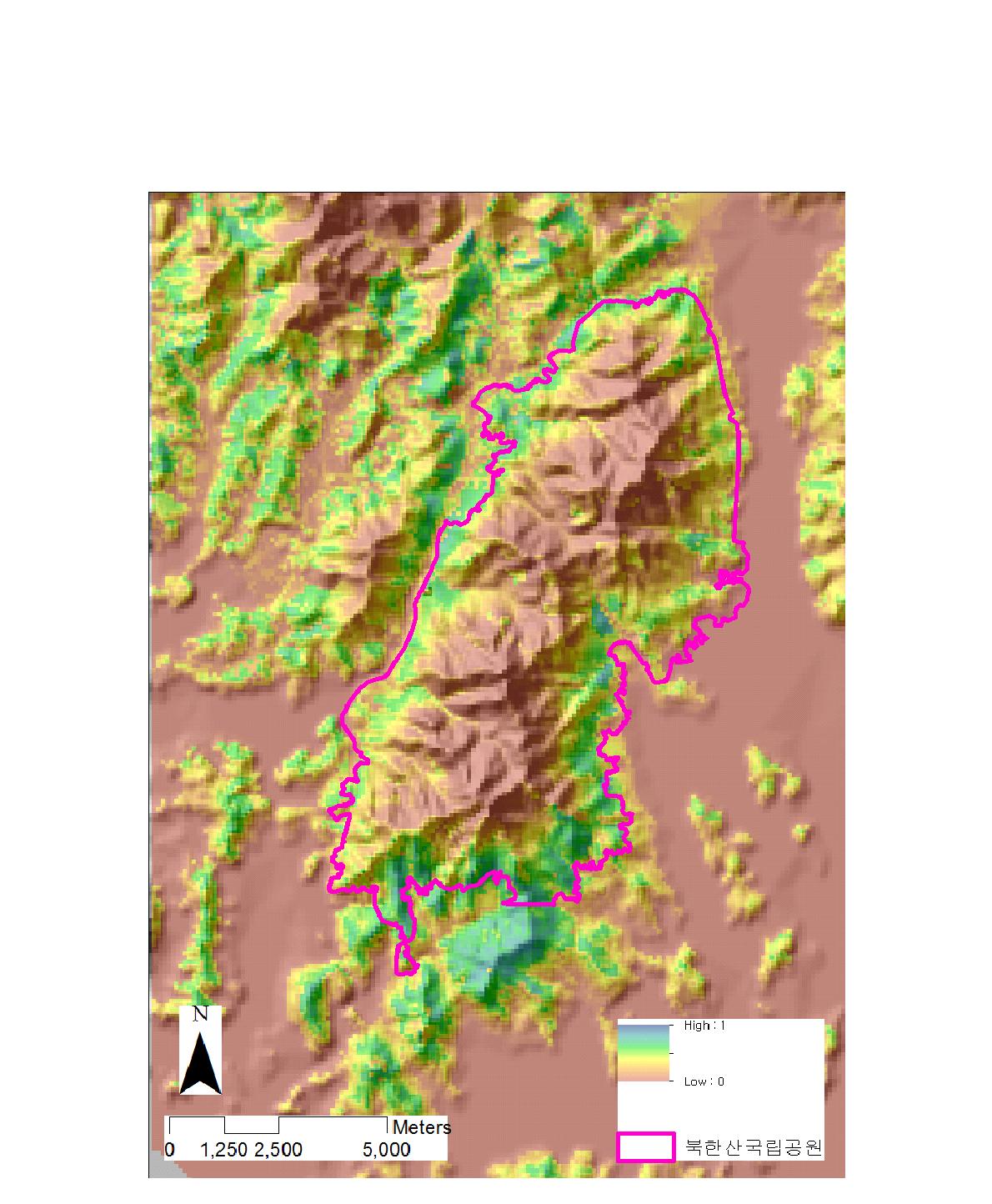 북한산 국립공원의 멧돼지 서식지분포 예측확률도