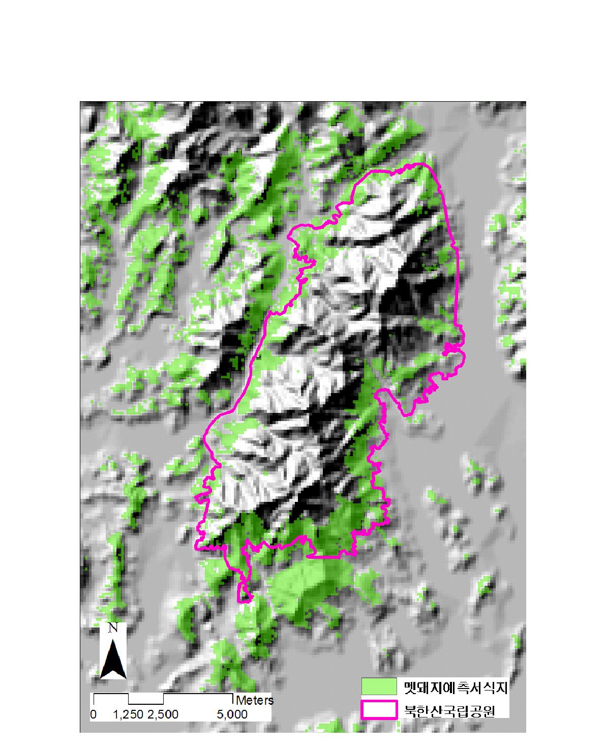 모형에 의해 예측된 북한산 국립공원의 멧돼지 서식지분포 결과
