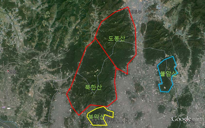 북한산, 도봉산, 북악산 및 불암산의 위치