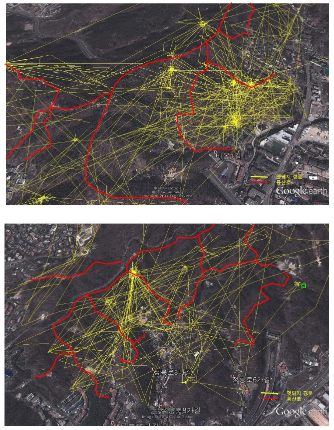 멧돼지의 이동경로와 등산로 위치(위: 구기동 개체, 아래: 북악산 개체)