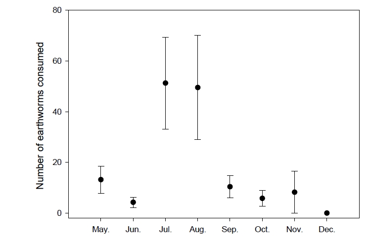 월별 지렁이 섭식 마리수 변화
