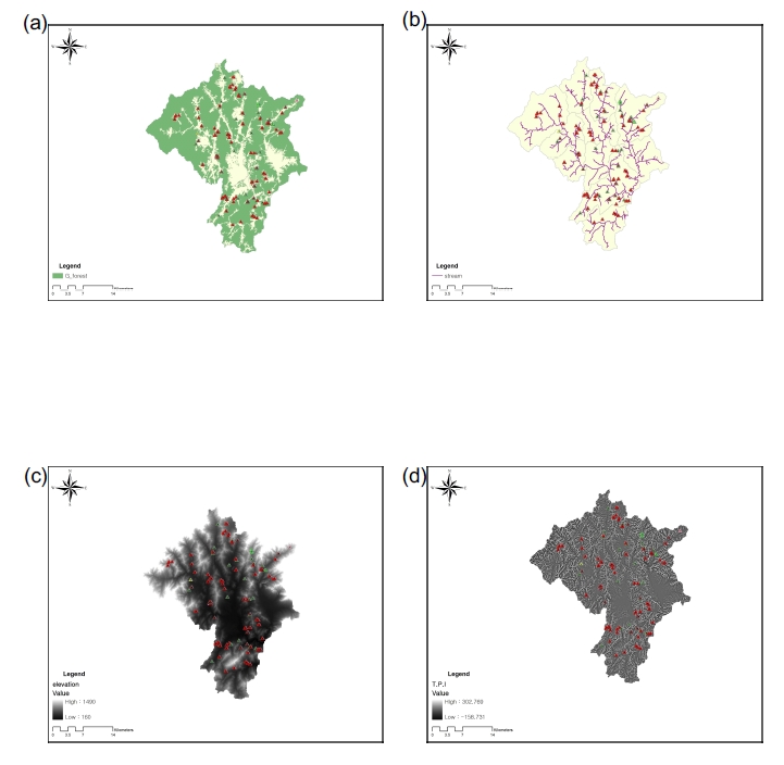 멧돼지 피해지 분석에 사용된 변수(a: 산림, b: 하천, c: 고도, d: 지형)